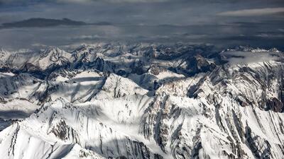 Mountains are seen from an airplane in Ladakh.