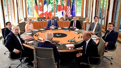 German Chancellor Olaf Scholz, U.S. President Joe Biden, British Prime Minister Boris Johnson, Japan's Prime Minister Fumio Kishida, European Commission President Ursula von der Leyen, European Council President Charles Michel, Italy's Prime Minister Mario Draghi, Canada's Prime Minister Justin Trudeau and France's President Emmanuel Macron attend a round table for their first working session of G7 group at Bavaria's Schloss Elmau Castle, near Garmisch-Partenkirchen, Germany. (REUTERS)