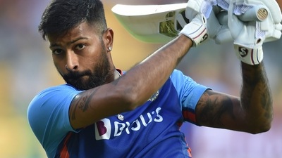 Hardik Pandya bats in the nets (PTI) Hardik Pandya bats in the nets (PTI)