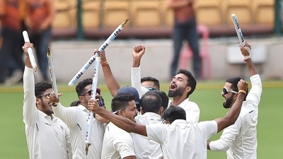 Madhya Pradesh's players celebrate their win after their team beat Mumbai by 6 wickets in the Ranji Trophy final cricket match, at M Chinnaswamy Stadium in Bengaluru. (PTI) Madhya Pradesh's players celebrate their win after their team beat Mumbai by 6 wickets in the Ranji Trophy final cricket match, at M Chinnaswamy Stadium in Bengaluru. (PTI)