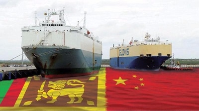 Two car-shipping carriers berthed at Sri Lanka's Chinese-built Hambantota Port. (AFP)
