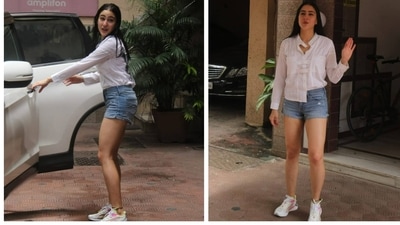Sara Ali Khan was spotted at a gym in Santa Cruz Sunday noon. She looked different in neatly combed hair. The actor will now be seen opposite Vicky Kaushal in Laxman Utekar's next. (Varinder Chawla) Sara Ali Khan was spotted at a gym in Santa Cruz Sunday noon. She looked different in neatly combed hair. The actor will now be seen opposite Vicky Kaushal in Laxman Utekar's next. (Varinder Chawla)