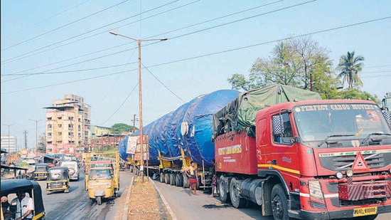 Kalyan, India - Nov. 25, 2020:Despite the prohibition of movement of heavy vehicles on the Govindwadi bypass road in Kalyan (West) activists claims that heavy vehicles still ply on that road. On Monday night a huge container rammed into the speed breaker followed by which the entire road was blocked for two days in Kalyan, India, on Wednesday, November 25, 2020. (Photo by Rishikesh Choudhary/ HT PHOTO) (HT PHOTO)