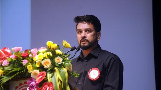 Union minister for information and broadcasting Anurag Singh Thakur said media and entertainment ecosystem is a sunrise sector expected to generate Rs4 lakh crore annually by 2025. (HT)