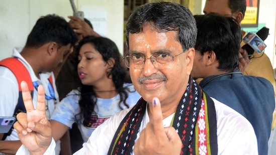 Tripura chief minister Manik Saha after casting his vote for the Tripura Legislative Assembly by-elections in Agartala on Thursday.&nbsp;(ANI )