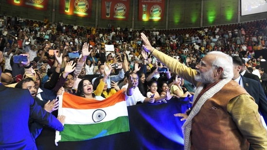 PM Modi addresses a gathering of thousands of members of the Indian community at Audi Dome, in Munich.(ANI)
