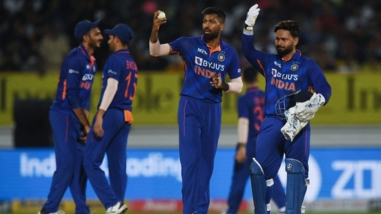 Hardik Pandya and Rishabh Pant gesture during the T20I series against South Africa(AFP)