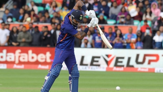 Hardik Pandya plays a shot during the 1st T20I against Ireland(AFP)