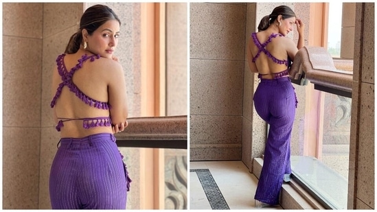 Hina Khan in mesh crop top and cargo pants, poses fearlessly with