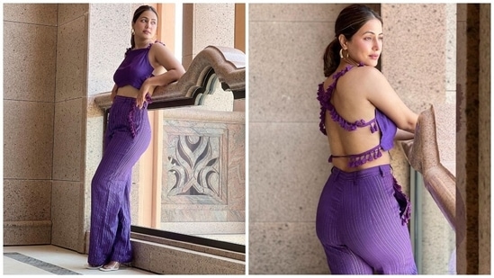 On Saturday, Hina took to her Instagram page to drop pictures from a new photoshoot and captioned it with just a purple heart emoji. The star turned muse for designer label Kalakaari by Sagarika Singhvi for the clicks. She chose a cropped blouse and pants set from the brand.(Instagram)