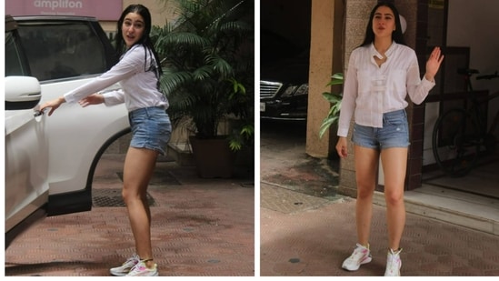 Sara Ali Khan was spotted at a gym in Santa Cruz Sunday noon. She looked different in neatly combed hair. The actor will now be seen opposite Vicky Kaushal in Laxman Utekar's next. (Varinder Chawla)