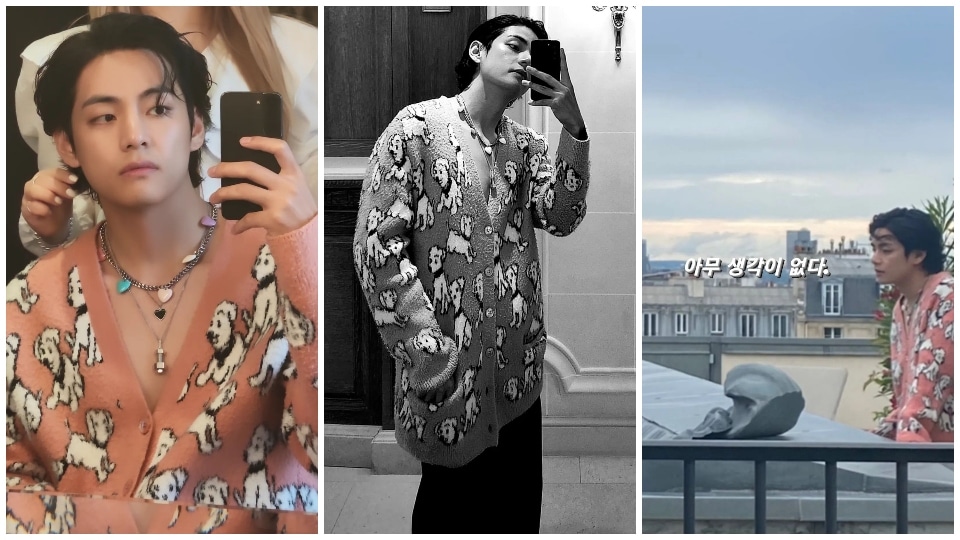 V wears a puppy-printed cardigan and flared pants.(Instagram)