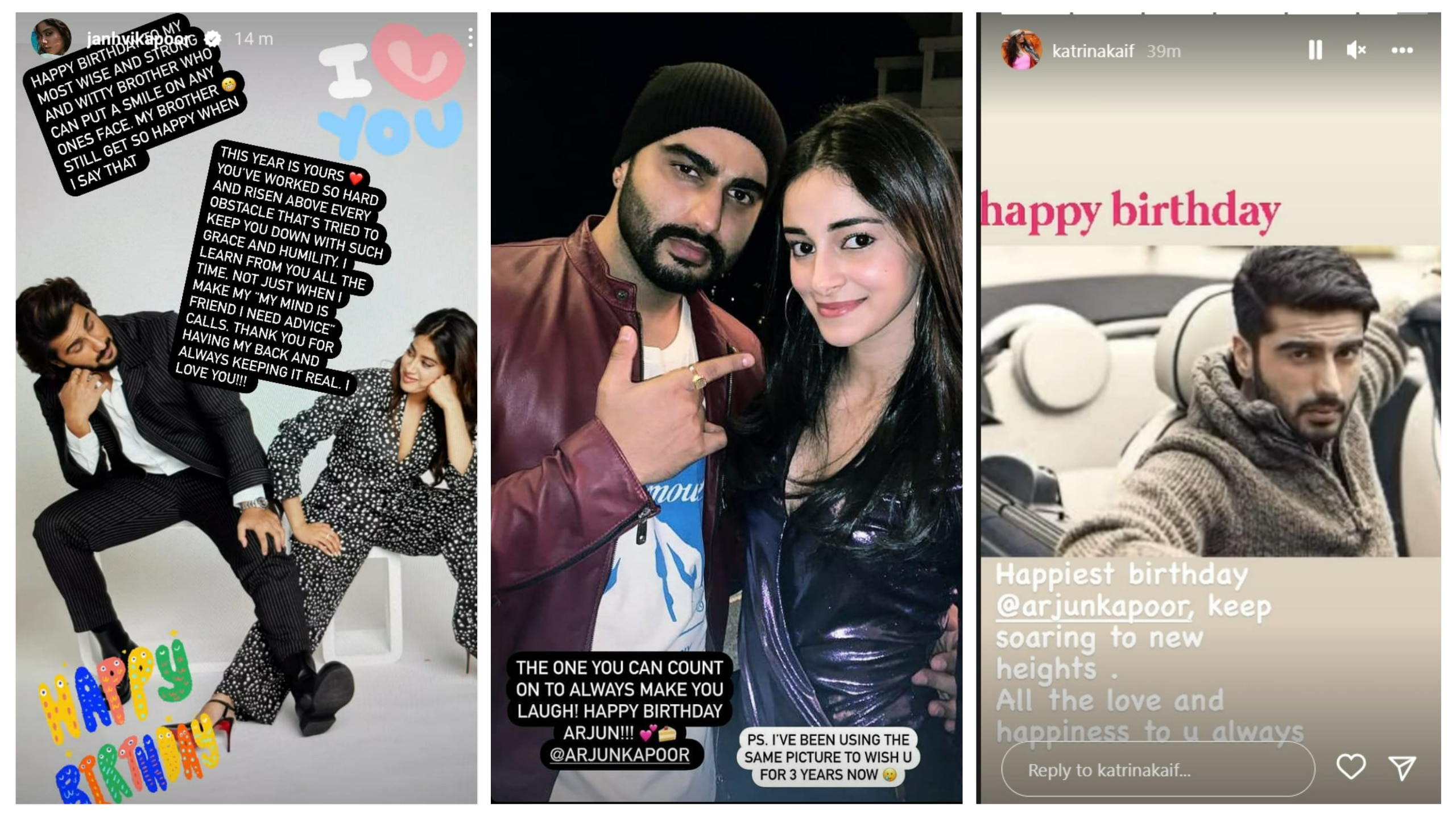 Janvhi Kapoor, Ananya Panday and Katrina Kaif posted birthday wishes for Arjun Kapoor on Instagram Stories. Janvhi Kapoor, Ananya Panday and Katrina Kaif posted birthday wishes for Arjun Kapoor on Instagram Stories.