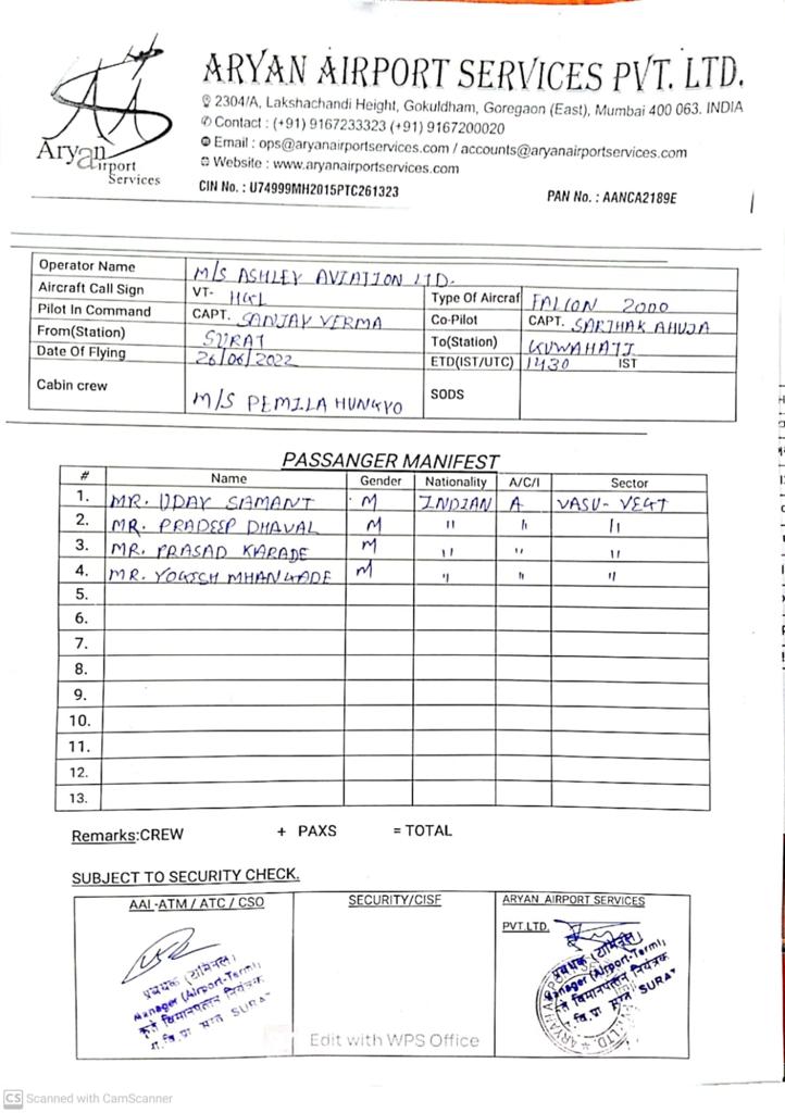 A passenger manifest of an airport services company bearing the name of Uday Samant A passenger manifest of an airport services company bearing the name of Uday Samant