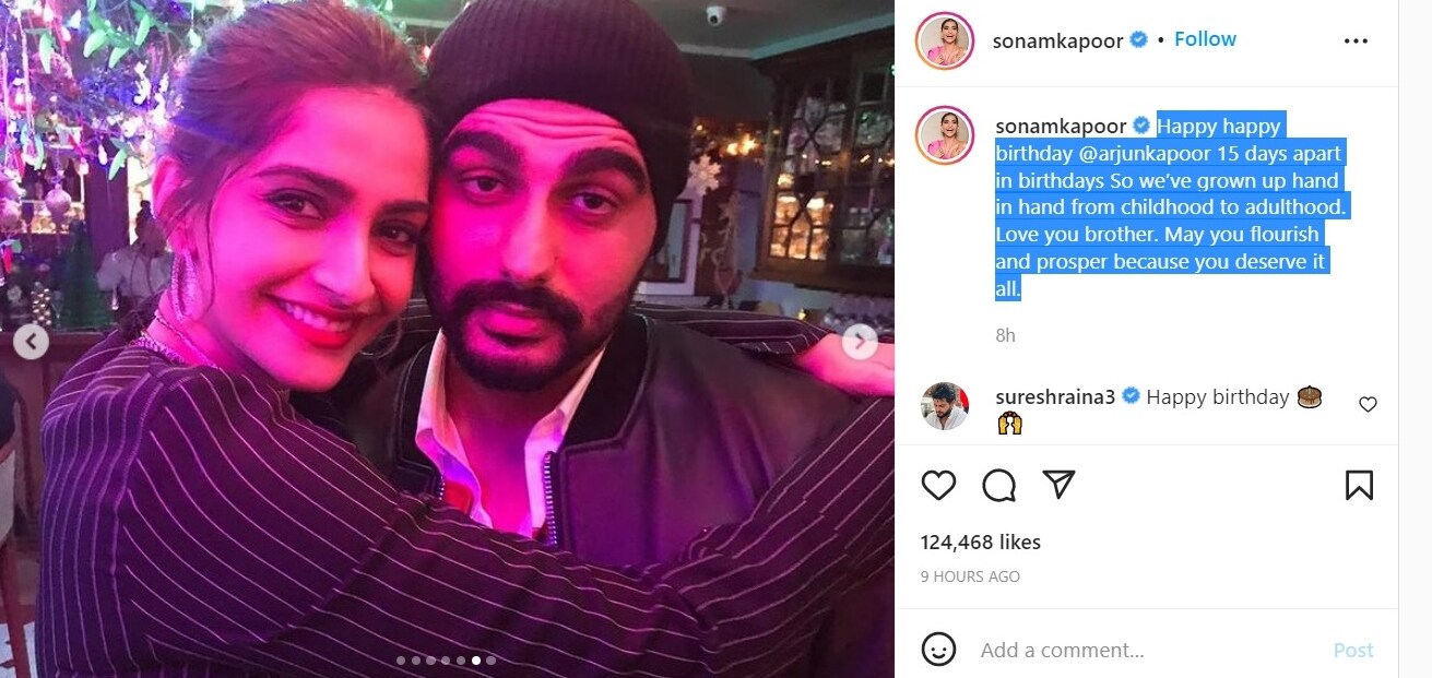 Sonam Kapoor shared photos with Arjun Kapoor along with a message.