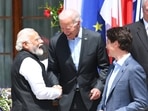 At G7 venue, PM Modi shares a light-hearted conversation with US President Joe Biden and Canadian PM Justin Trudeau.(PMO/ Twitter)