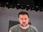 Ukrainian President Volodymyr Zelenskyy speaks via video.