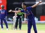 India's Yuzvendra Chahal gestures to the crowd during the T20I between Ireland and India.