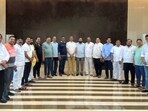 Eknath Shinde with other rebel Shiv Sena MLAs at a hotel in Guwahati (PTI)(PTI)