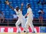 West Indies' Kemar Roach successfully appeals for the wicket of England's Jack Leach (AP) West Indies' Kemar Roach successfully appeals for the wicket of England's Jack Leach (AP)