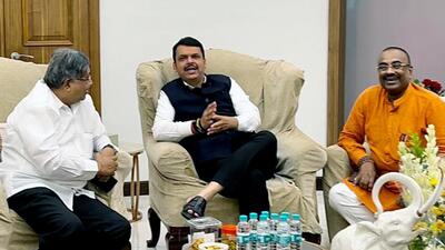Leader of opposition in the assembly Devendra Fadnavis with BJP’s Maharashtra unit president Chandrakant Patil at a core committee meeting on Monday. ANI Leader of opposition in the assembly Devendra Fadnavis with BJP’s Maharashtra unit president Chandrakant Patil at a core committee meeting on Monday. ANI