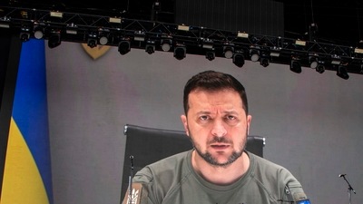 Ukrainian President Volodymyr Zelenskyy speaks via video. (AP)