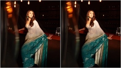 This picture of Rakul Preet in ivory and blue dazzling ombre saree is proof she can nail any look like a boss lady without having to put in any effort. (Instagram/@rakulpreet)