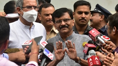 Shiv Sena leaders Sanjay Raut and Anil Desai interact with the media at Yashwantrao Chavan Auditorium, Nariman Point, in Mumbai, India, on Friday, (Anshuman Poyrekar/HT PHOTO)