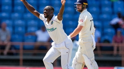 West Indies' Kemar Roach successfully appeals for the wicket of England's Jack Leach&nbsp; (AP)