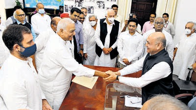 Opposition's Presidential candidate Yashwant Sinha accompanied by Congress leader Rahul Gandhi, TRS leader KT Rama Rao and JKNC chief Farooq Abdullah during filing his nomination papers for the Presidential election, at the Parliament, in New Delhi.