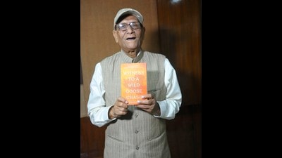Author Triloknath Gupta with his book Triloknath’s Odyssey of Self-Realisation: Witness to a Wild Goose Chase. (PHOTO: KESHAV SINGH/HT) Author Triloknath Gupta with his book Triloknath’s Odyssey of Self-Realisation: Witness to a Wild Goose Chase. (PHOTO: KESHAV SINGH/HT)