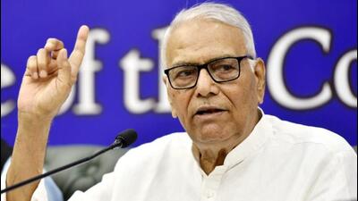 Former minister and TMC leader Yashwant Sinha, the Presidential candidate of Opposition parties at a press conference in New Delhi on Monday. (Sanjeev Verma/HT PHOTO.)