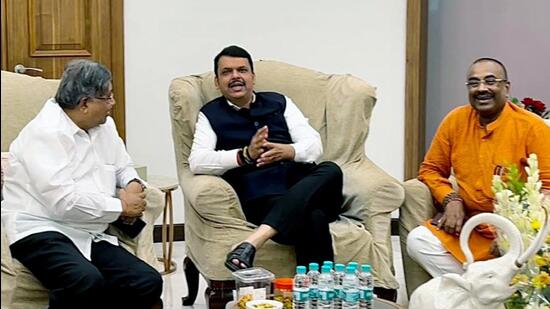 Devendra Fadnavis, Leader of Opposition in the Assembly, with BJP Maharashtra unit president Chandrakant Patil at the core committee meeting on Monday.  ANI