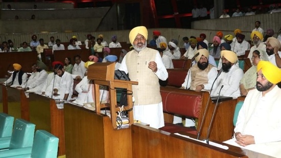 Punjab finance minister Harpal Singh Cheema presenting the first budget of the Aam Aadmi Party government in the state as chief minister Bhagwant Mann looks on in the assembly on Monday. (Ravi Kumar/HT) Punjab finance minister Harpal Singh Cheema presenting the first budget of the Aam Aadmi Party government in the state as chief minister Bhagwant Mann looks on in the assembly on Monday. (Ravi Kumar/HT)