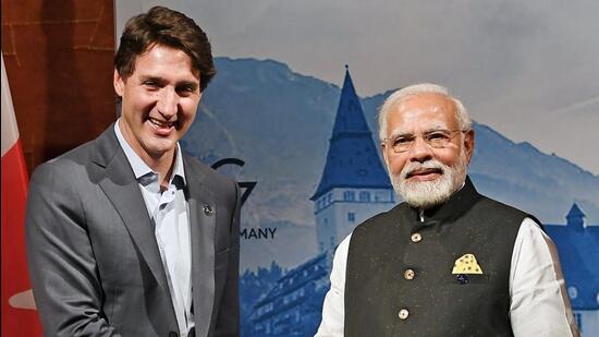 Indian Prime Minister Narendra Modi (right) during a meeting with Prime Minister of Canada Justin Trudeau, in Schloss Elmau, Germany on Monday. (ANI)