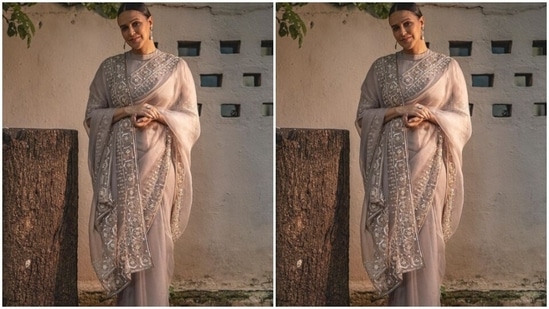 Neha played muse to fashion designer Sarang Kaur and picked an ivory white silk saree.(Instagram/@nehadhupia)