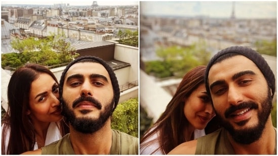 Arjun and Malaika woke up to the stunning view of the Eiffel Tower from their balcony. They chose to freeze the moment with loved-up selfies.(Instagram/@arjunkapoor)