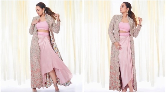 Sonakshi Sinha's latest Instagram post in a pink skirt set has us all smittened. In the pictures, the Dabangg actor can be seen donning a pastel pink skirt set which she teamed with an embellished jacket.(Instagram/@aslisona)