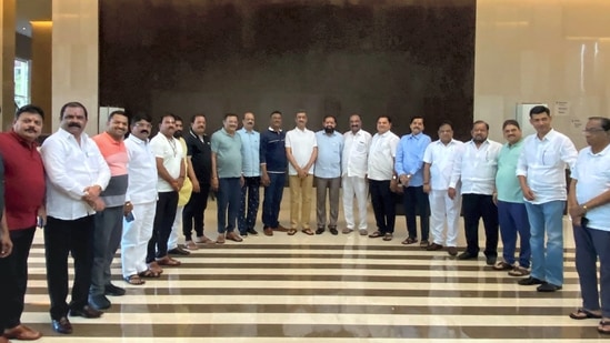 Eknath Shinde with other rebel Shiv Sena MLAs at a hotel in Guwahati (PTI)(PTI)