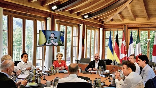 Ukraine’s President Volodymyr Zelensky (on screen) addresses G7 leaders and representatives of the European Union during their working session at Elmau Castle, Germany, on Monday.(Reuters) Ukraine’s President Volodymyr Zelensky (on screen) addresses G7 leaders and representatives of the European Union during their working session at Elmau Castle, Germany, on Monday.(Reuters)