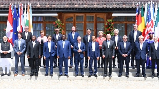 World leaders pose for a group photograph ahead of the G7 Summit at Schloss Elmau in Germany.