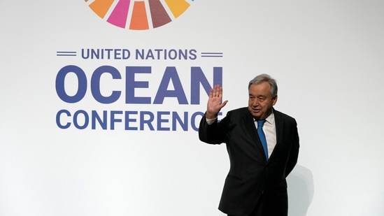 United Nations Secretary-General Antonio Guterres at the UN Ocean Conference in Lisbon.(AP)