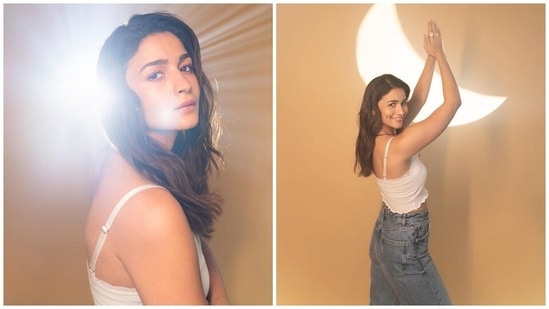 Alia promoted her blockbuster film Gangubai Kathiawadi in this trendy fit that proves why she is the most sought-out Gen-Z style icon. The star slipped into a white cropped tank top and flared denim jeans, styled with open tresses, hoop earrings, minimal makeup and nude lip shade. A perfect pick for brunch dates with your girlfriends.(Instagram)