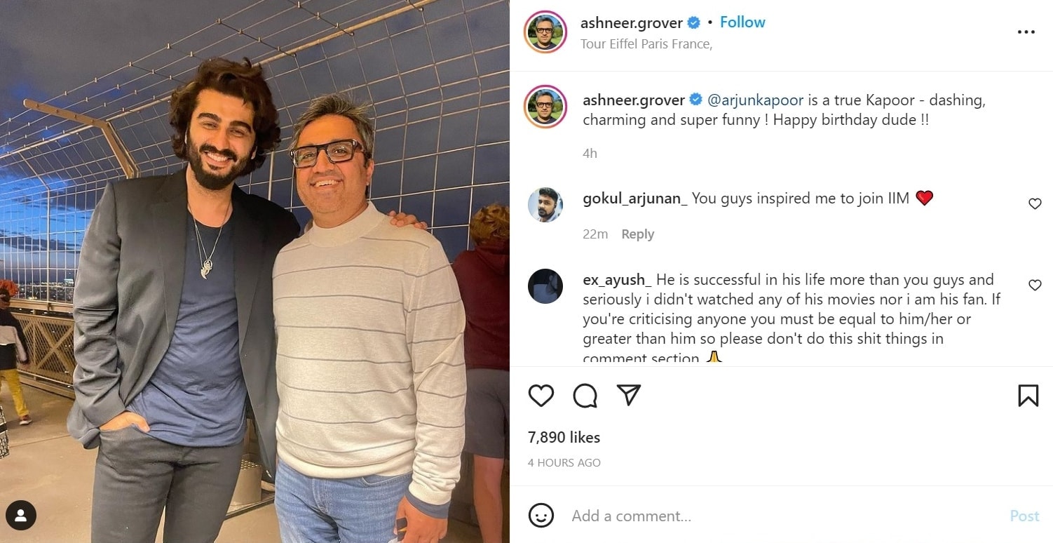 Ashneer Grover shared a birthday wish for Arjun Kapoor.&nbsp;