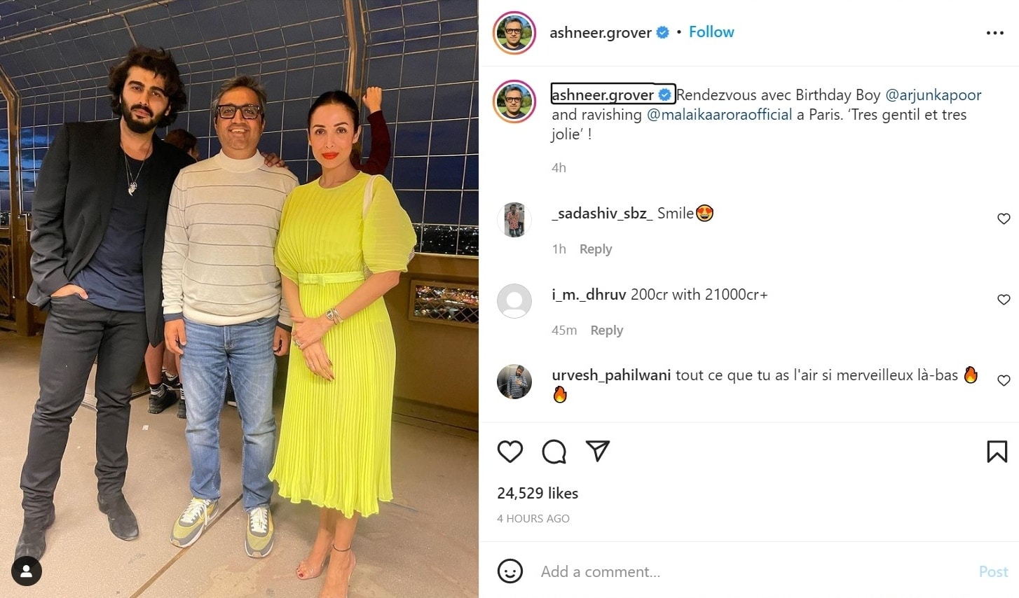 Ashneer Grover with Arjun Kapoor and Malaika Arora.&nbsp;