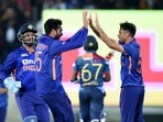Indian bowler Ravi Bishnoi (R) celebrates with teammate Venkatesh Iyer(PTI) Indian bowler Ravi Bishnoi (R) celebrates with teammate Venkatesh Iyer(PTI)