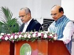 Lieutenant governor VK Saxena (right) on Tuesday administered the oath of office to justice Satish Chandra Sharma as the chief justice of Delhi high court in a ceremony at Raj Niwas.(HT Photo)
