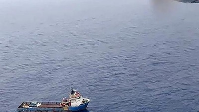 Rescue operation underway after an ONGC helicopter carrying nine persons, including two pilots, fell into the Arabian Sea off the Mumbai coast. (PTI) Rescue operation underway after an ONGC helicopter carrying nine persons, including two pilots, fell into the Arabian Sea off the Mumbai coast. (PTI)