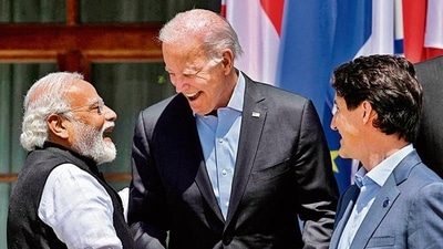 PM Narendra Modi with US President Joe Biden and Canadian PM Justin Trudeau on Monday.&nbsp; (Reuters)
