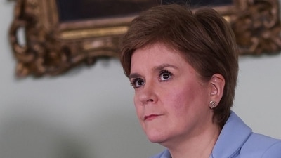 Scotland’s First Minister Nicola Sturgeon speaks at a news conference on a proposed second referendum on Scottish independence, at Bute House in Edinburgh, Scotland. (REUTERS)